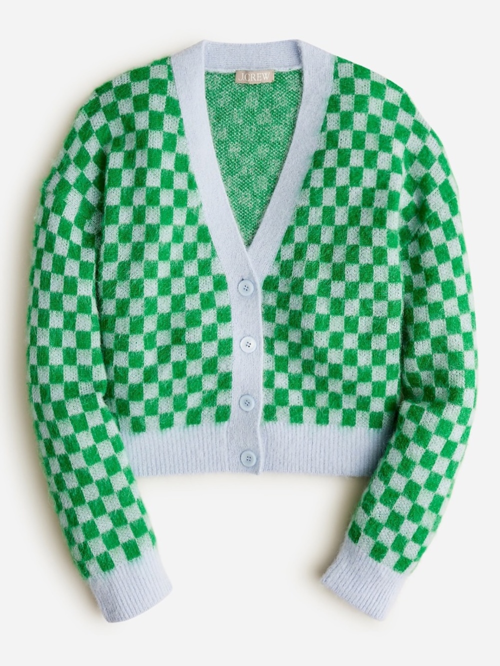 J.Crew Checkered V-Neck Cardigan Large Blue Kelly Green Wool Alpaca Sweater